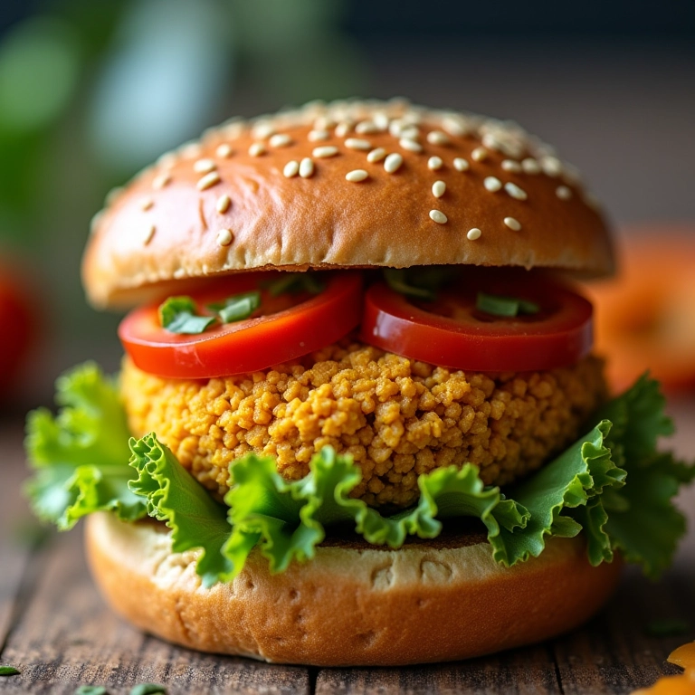 Hambúrguer de grão de bico caseiro com ingredientes frescos.