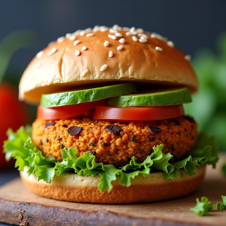 Hambúrguer de grão de bico vegano com alface, tomate e abacate.