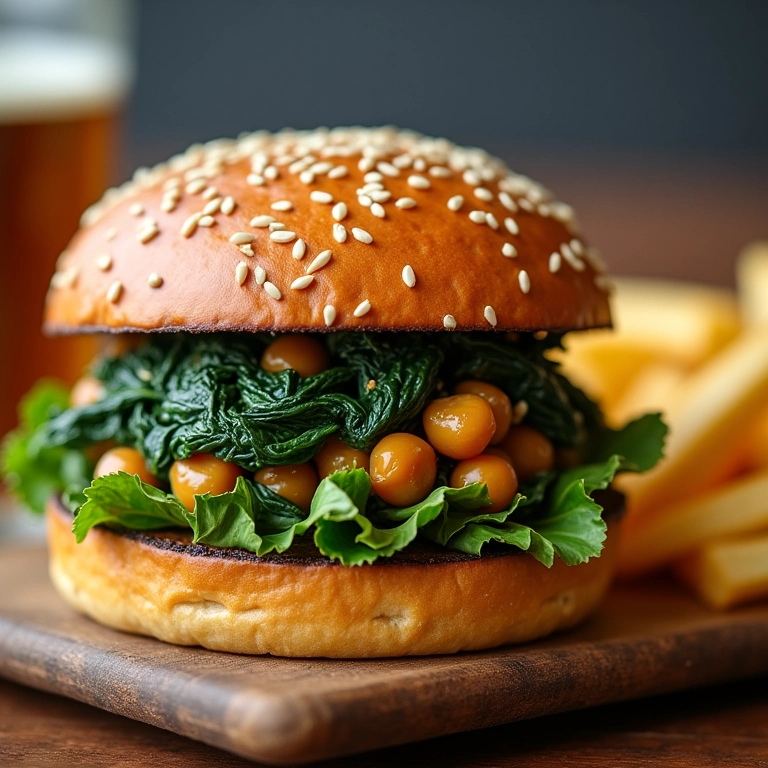Hambúrguer vegetariano com espinafre e grão de bico.