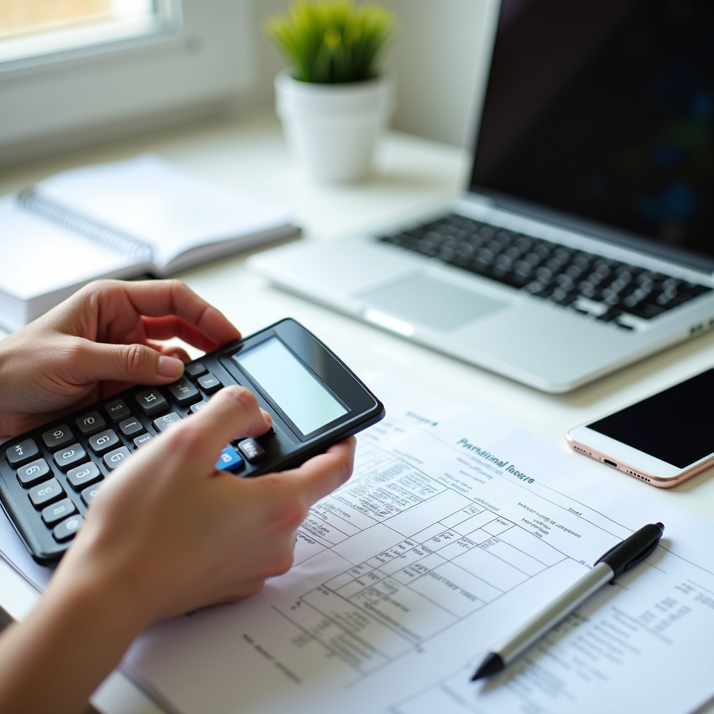 Hands using a calculator and reviewing website design costs on a laptop. Bright, organized desk, Comparando preços de agências de criação de site.