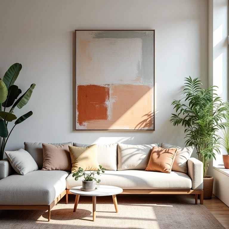 Harmonia visual: quadro moderno complementando decoração minimalista com plantas.