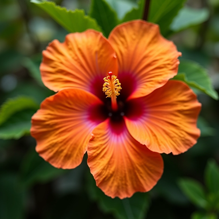 Hibisco em plena floração, cores vibrantes.