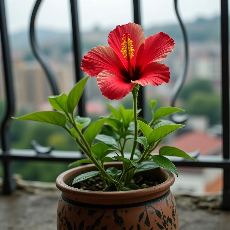 Hibisco plantado em vaso decorativo em uma varanda.