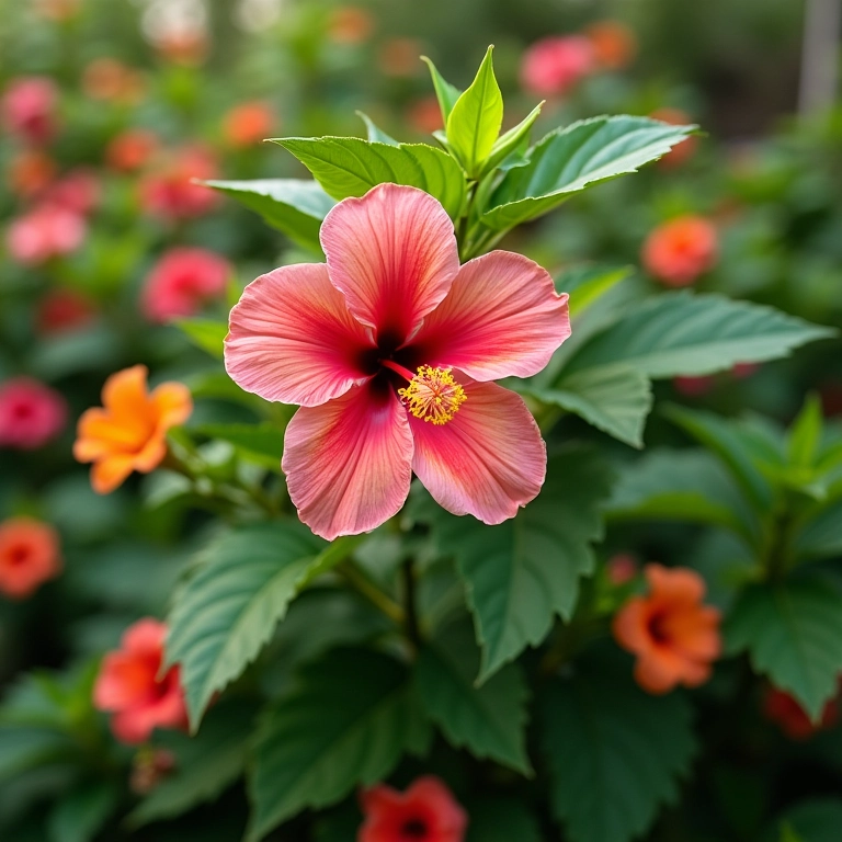 Hibisco radiante em jardim exuberante.