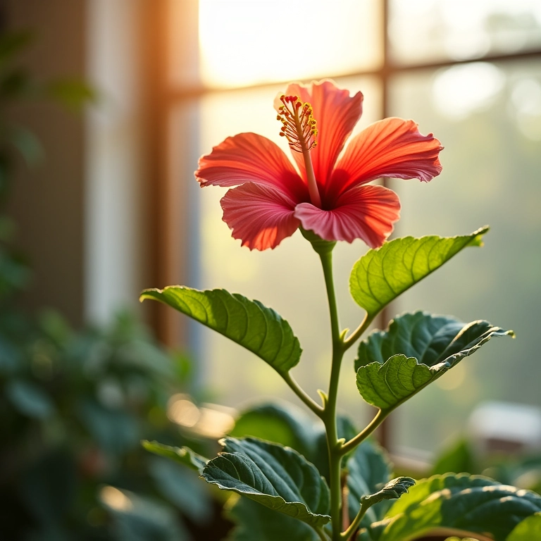 Hibisco recebendo luz solar perto da janela.