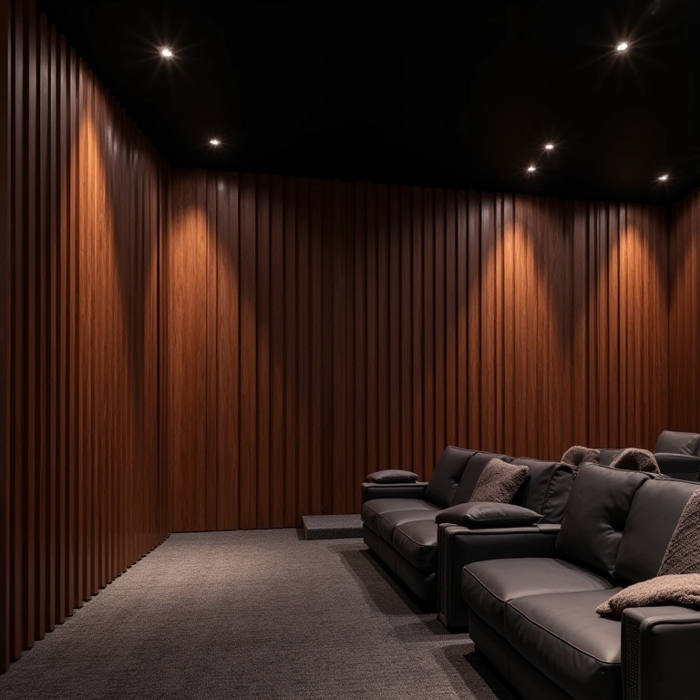 Home theater com parede de ripado de madeira para isolamento acústico.