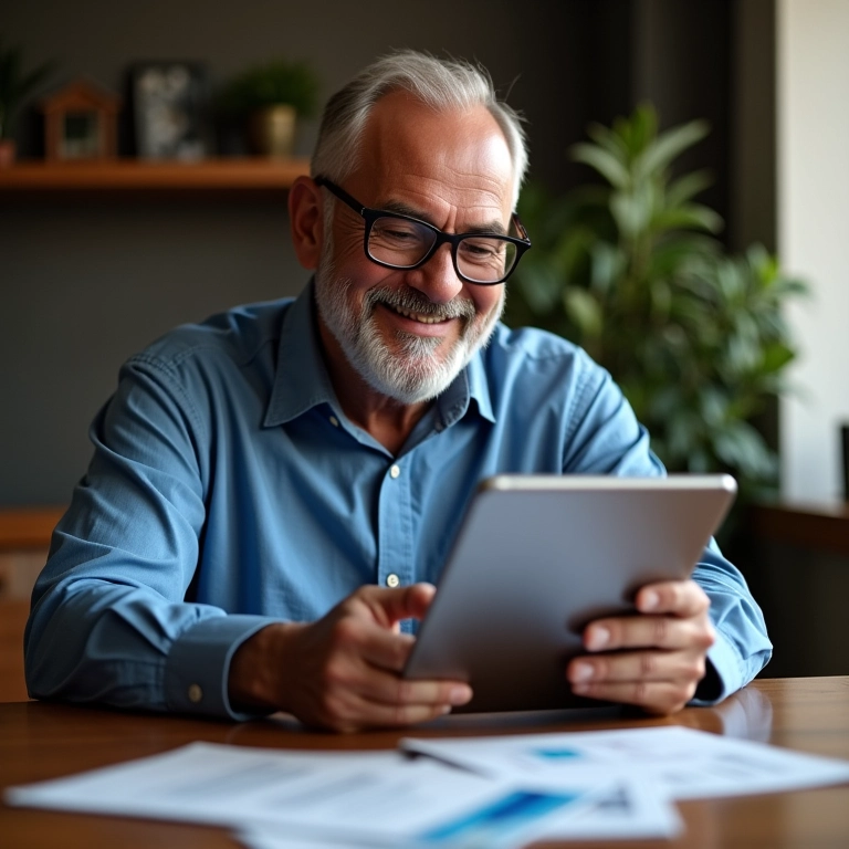 Homem analisando opções de crédito bancário em um tablet, representando o acesso a serviços financeiros como MEI.