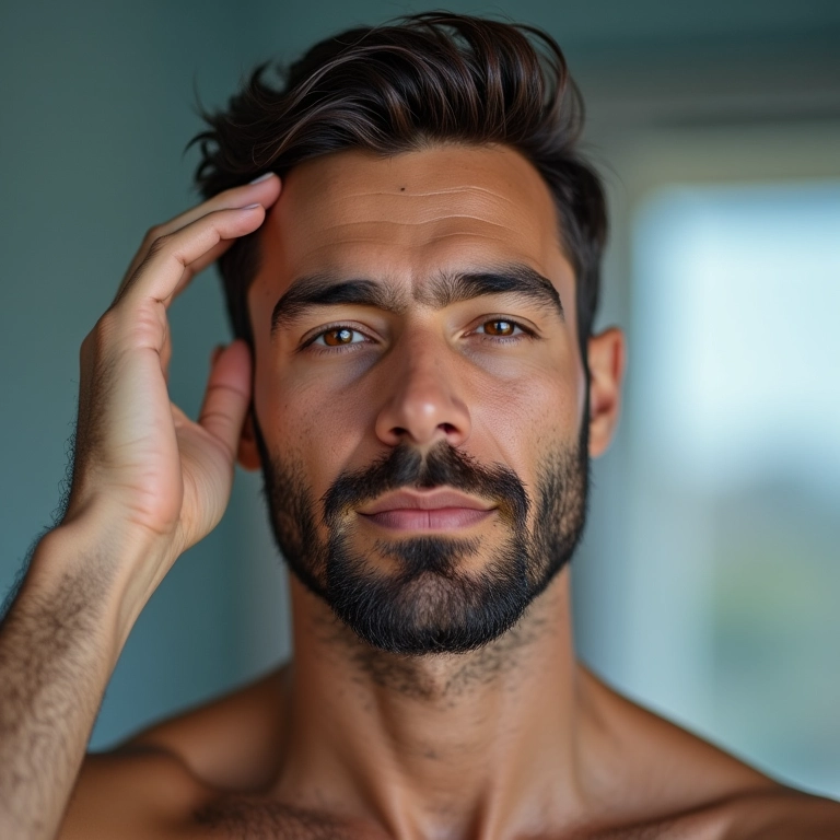 Homem aplicando Minoxidil na barba para estimular o crescimento.