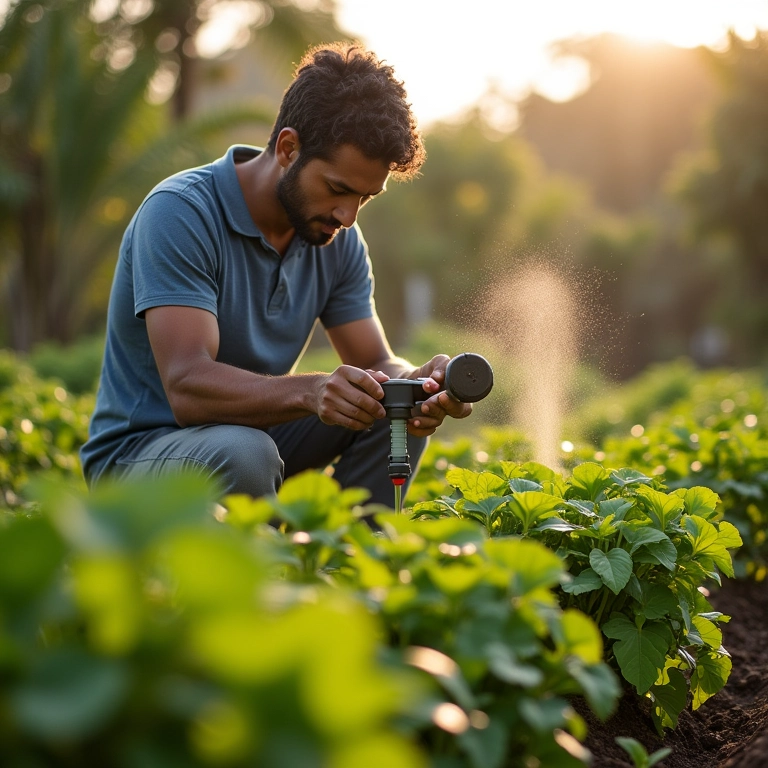 Homem brasileiro ajustando sistema de irrigação e observando o crescimento das plantas.