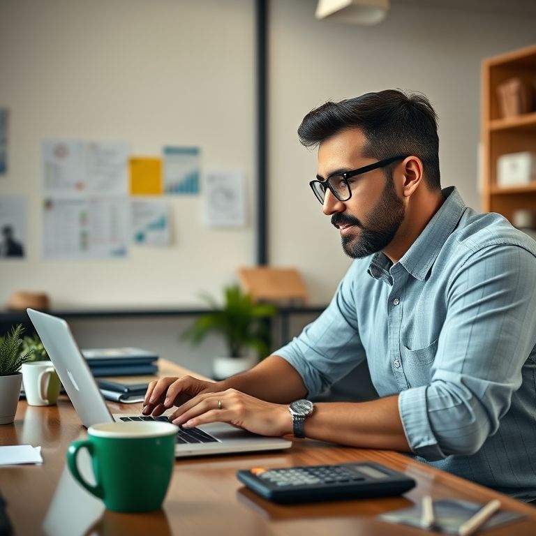 Homem brasileiro analisando os custos de ser MEI em seu computador.