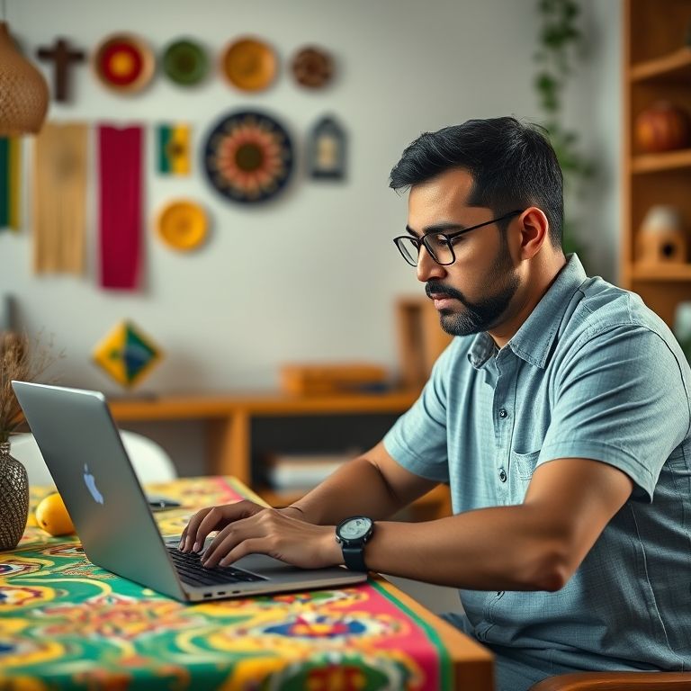 Homem brasileiro conferindo os requisitos para MEI em seu laptop.