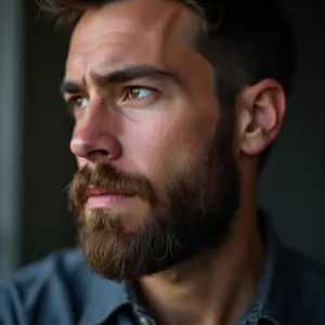 Homem com barba falhada e expressão pensativa.