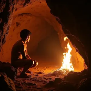 Homem das cavernas descobrindo o fogo em uma caverna escura.