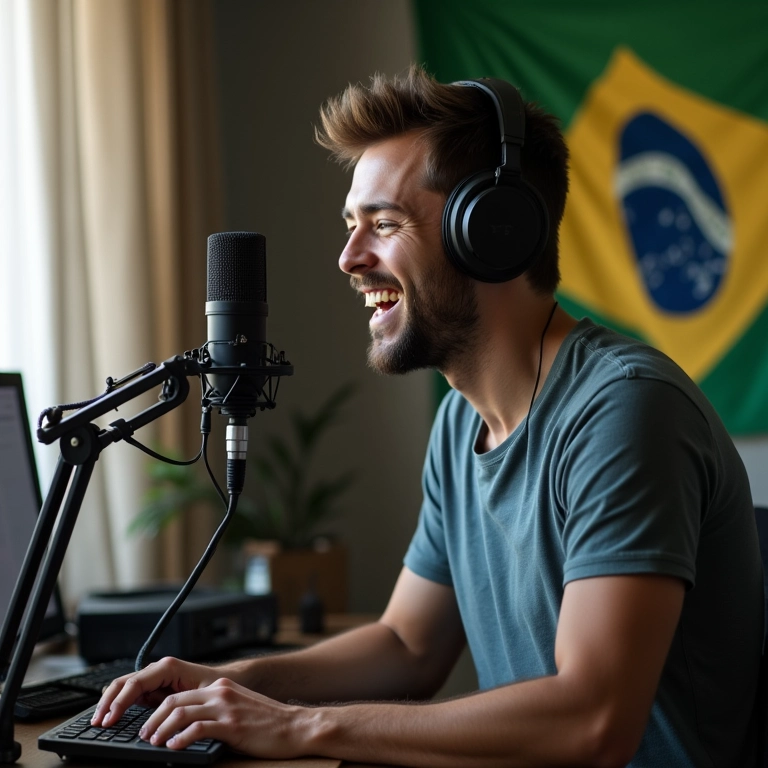 Homem gravando podcast em estúdio caseiro com microfone e computador.