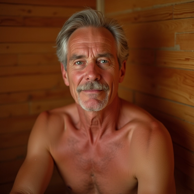 Homem idoso na sauna a vapor, com a pele avermelhada devido à melhora da circulação.