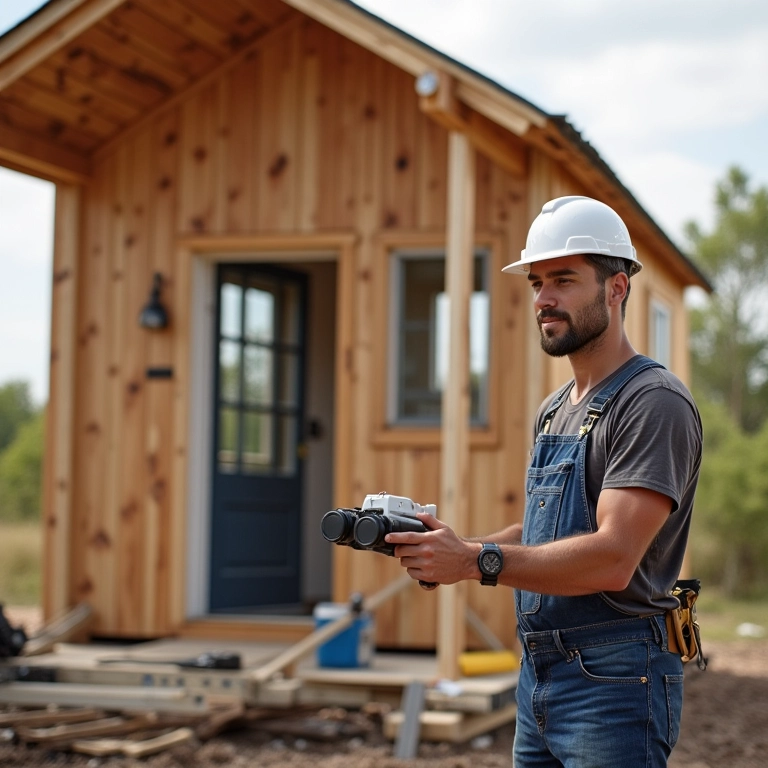 Homem inspecionando a construção de uma tiny house com equipamentos profissionais.