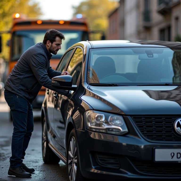 Homem inspecionando carro após serviço de guincho.