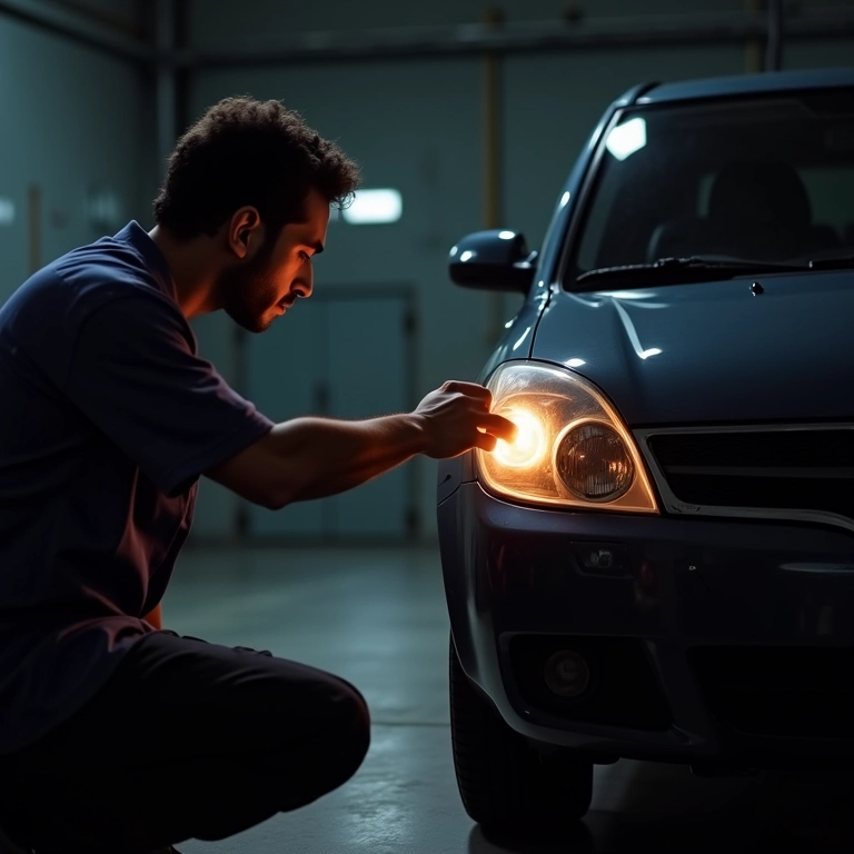 Homem inspecionando luz da placa queimada.