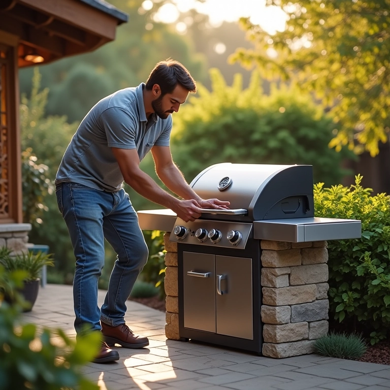 Homem instalando uma churrasqueira pré-moldada no pátio.