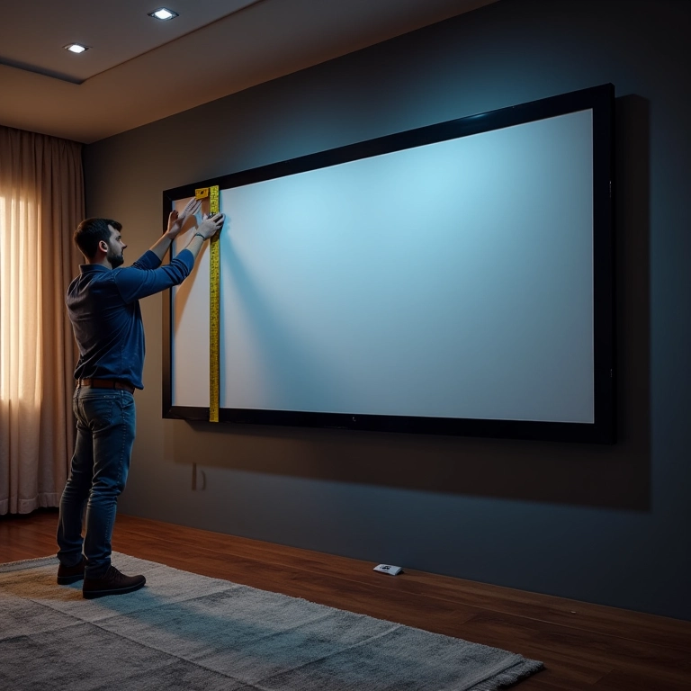 Homem medindo parede para determinar tamanho ideal da tela de cinema.