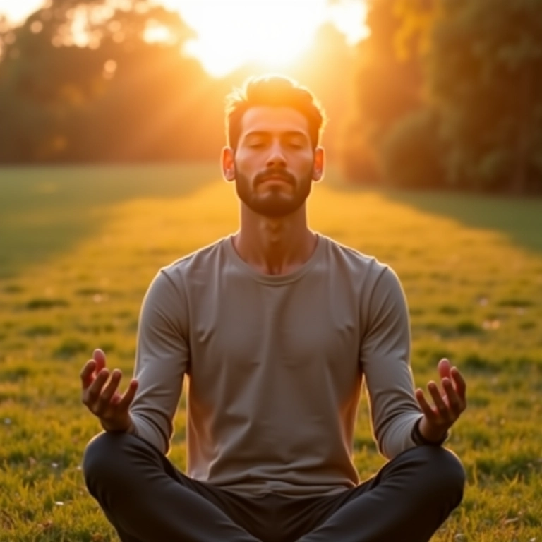Homem meditando ao ar livre para reduzir o estresse e melhorar a saúde da barba.