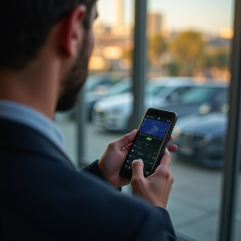 Homem pesquisando preços de carros em diferentes fontes.