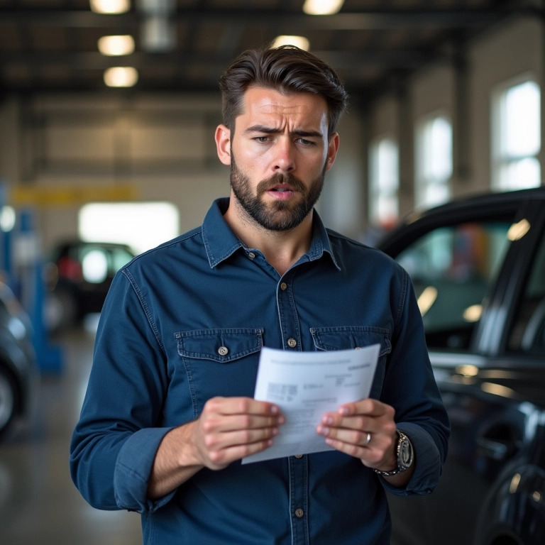 Homem recebendo conta da troca de óleo do câmbio manual em oficina.