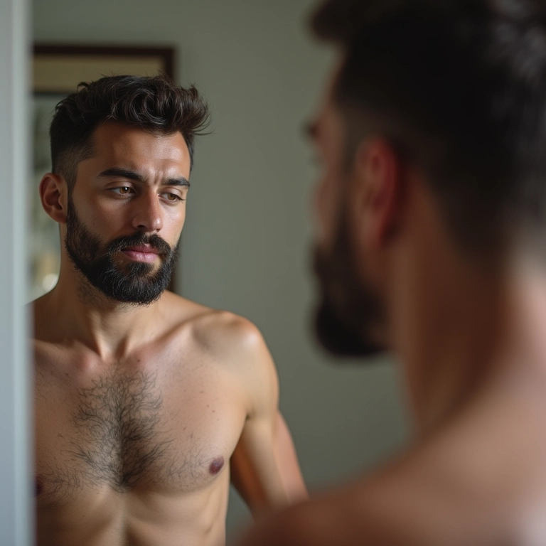 Homem se observando no espelho e percebendo falhas na barba.