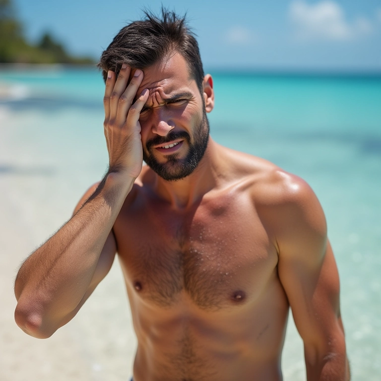 Homem sentindo dor após ser ferido por uma arraia em uma praia tropical.