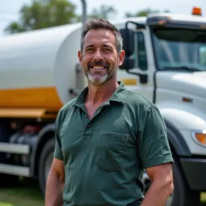 Homem sorrindo em frente ao caminhão de limpeza de fossa séptica, representando um microempreendedor individual (MEI).