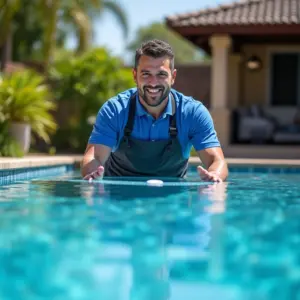 Homem sorrindo inspeciona a água da piscina, representando um limpador de piscina MEI.