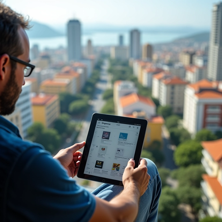 Homem usando o aplicativo Organizze em um tablet com vista para a cidade.