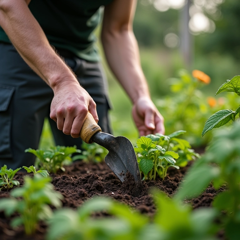 Homem utilizando ferramenta de jardinagem compartilhada para cuidar de uma pequena horta urbana, vida sustentável.