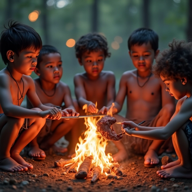 Homens primitivos assando carne em uma fogueira.