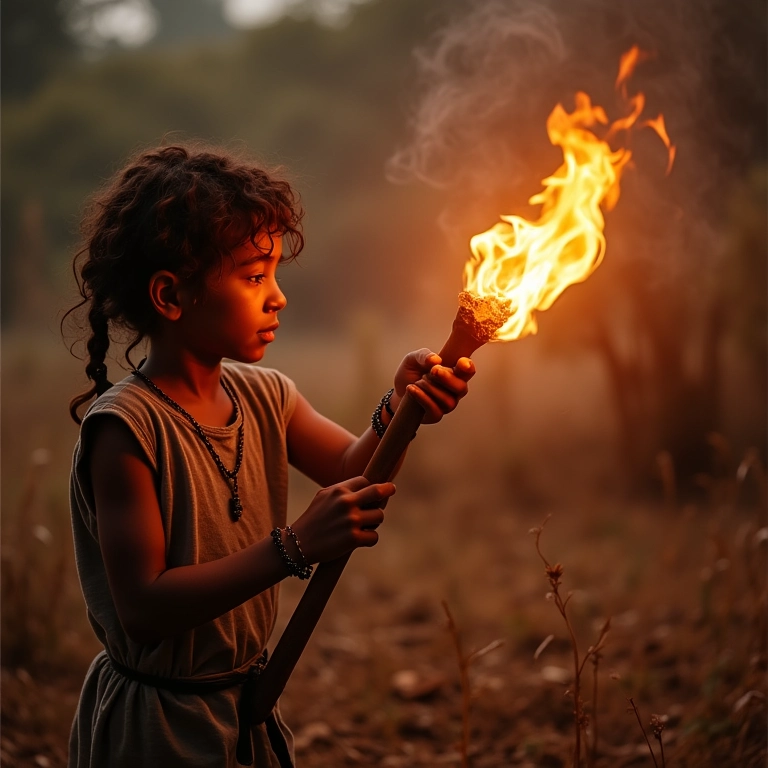 Homens primitivos usando o fogo para endurecer ferramentas.