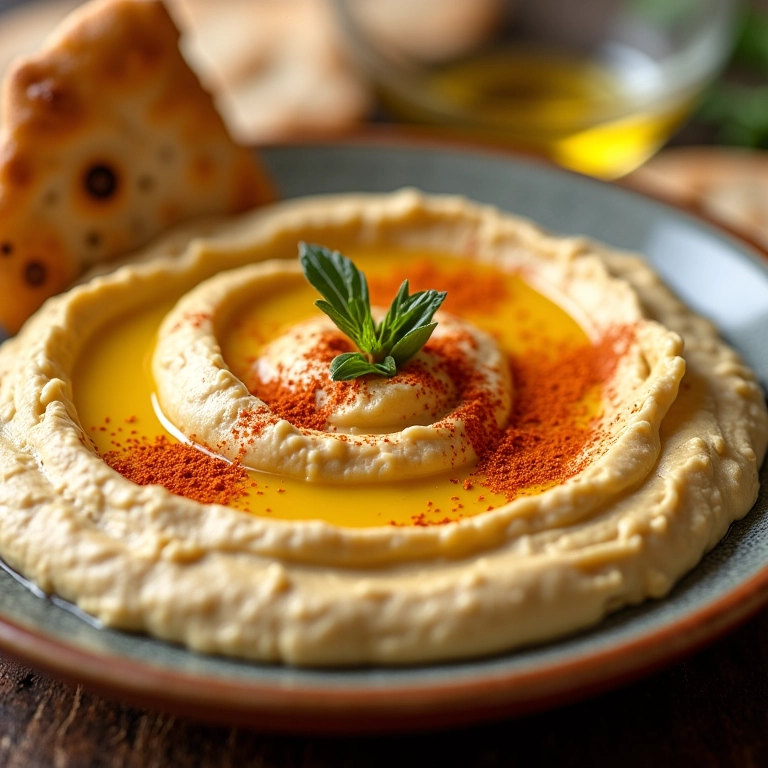 Homus caseiro cremoso servido com pão pita, azeite e páprica.