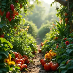 Horta caseira exuberante com vegetais, ervas e flores.