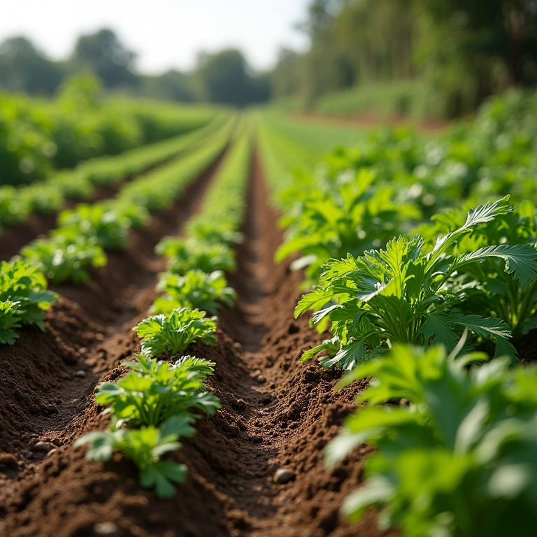 Horta com diferentes culturas plantadas em fileiras.