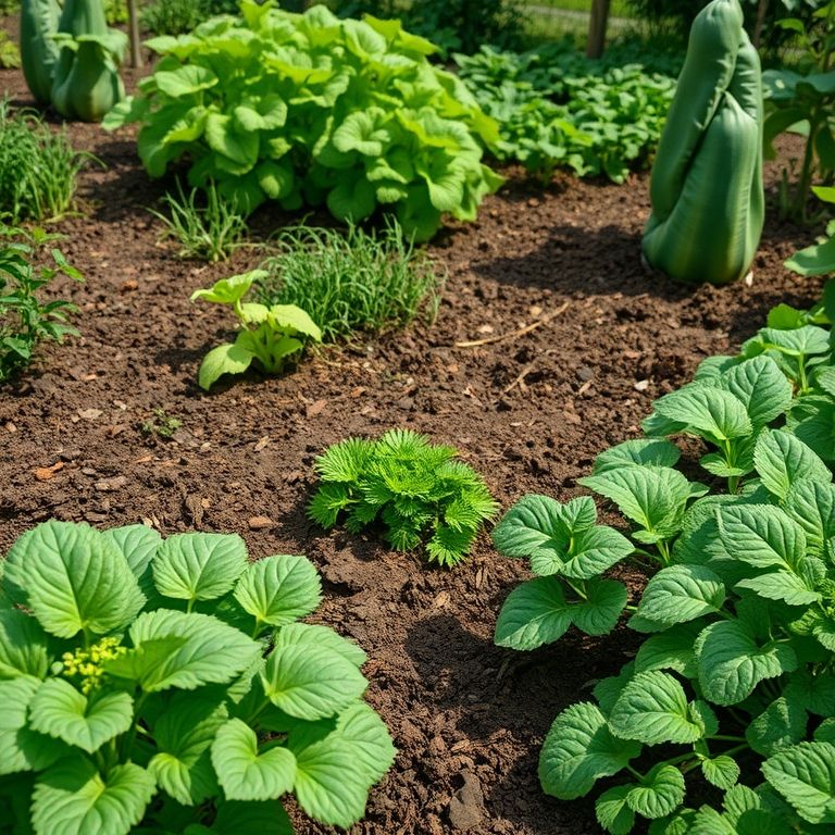 Cobertura De Solo Para Horta Mulching e Seus Benefícios Horta com diferentes tipos de cobertura de solo (mulching), exibindo plantas saudáveis e vibrantes.
