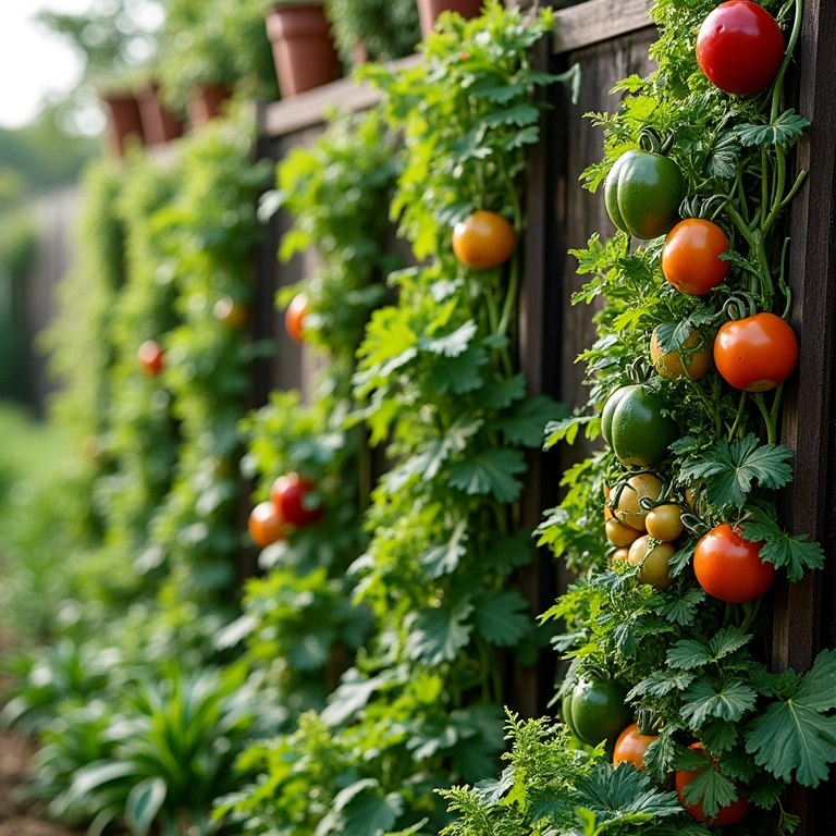Horta compacta com plantio vertical, otimizando o espaço com plantas companheiras.