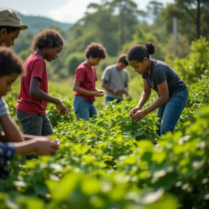 Horta comunitária vibrante no Brasil com diversas pessoas cuidando das plantas.