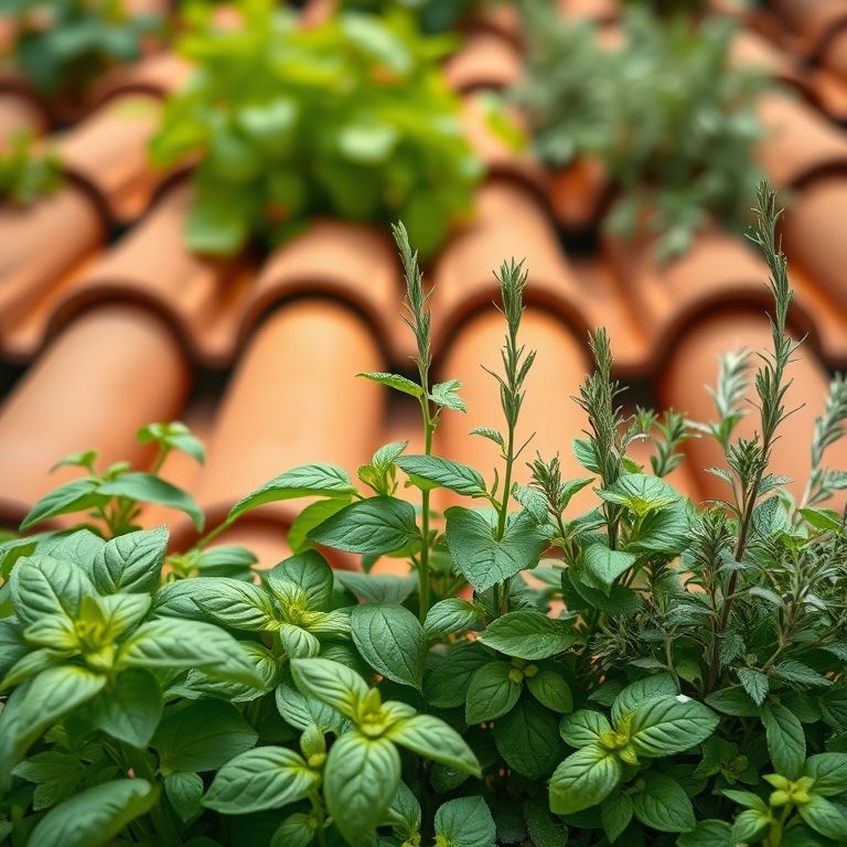 Horta de ervas aromáticas em telhas, com sabores frescos e vibrantes.