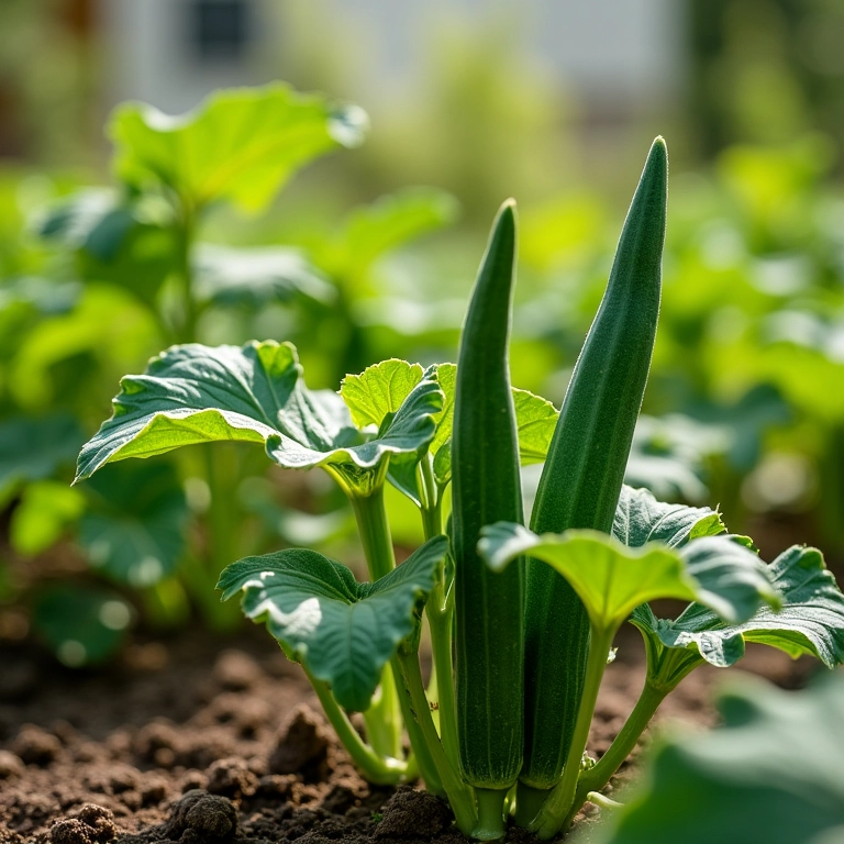 Horta de quiabo em quintal ensolarado.