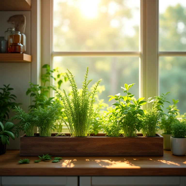 Horta de temperos perto de uma janela ensolarada na cozinha.
