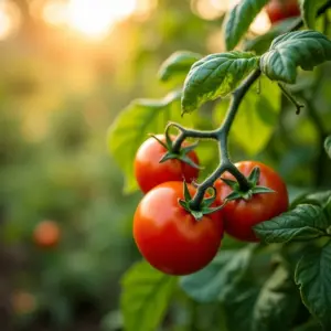 Horta de tomates vibrante com manjericão plantado junto, sob a luz da manhã.