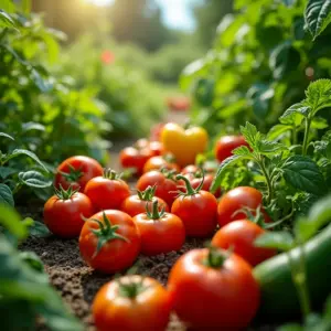 Horta de verão exuberante com diversas hortaliças coloridas.