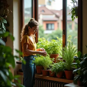 Horta Em Apartamento Pequeno Com Pouco Sol Plantas Tolerantes Horta em apartamento pequeno com mulher cuidando das plantas sob luz natural.