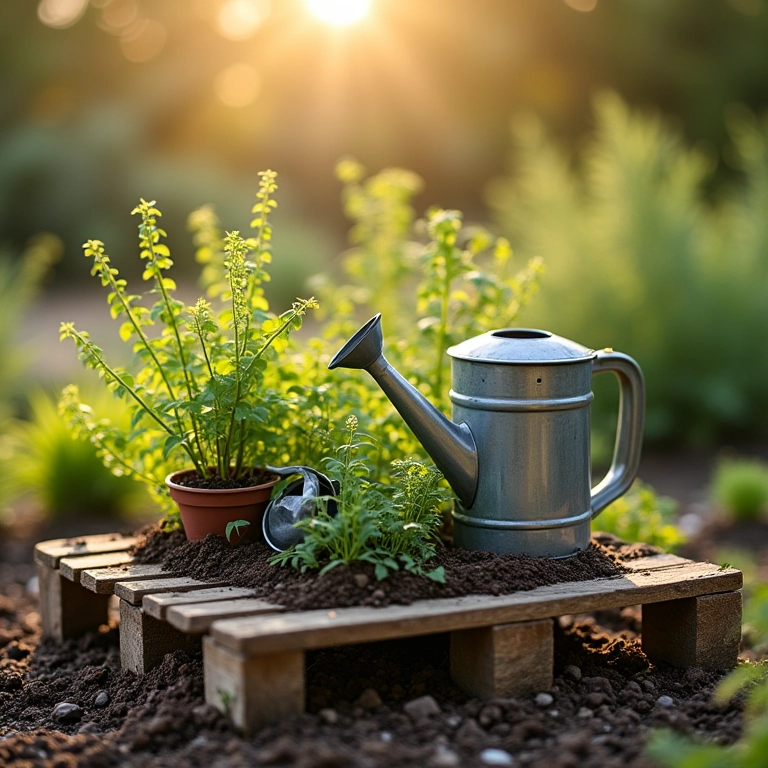 Horta em pallet com regador e ferramentas de jardinagem, cuidados essenciais.