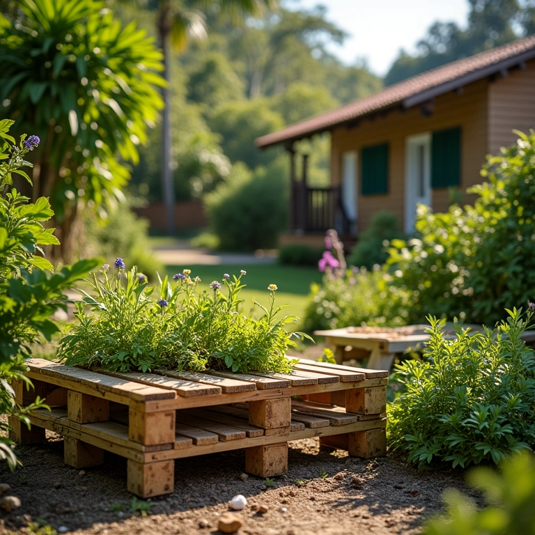 Horta em pallet em quintal ensolarado, local ideal para o cultivo.
