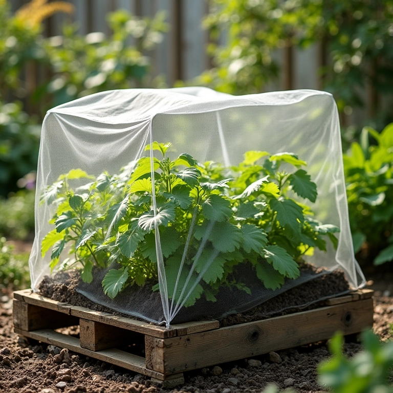 Horta em pallet protegida contra pragas e doenças.